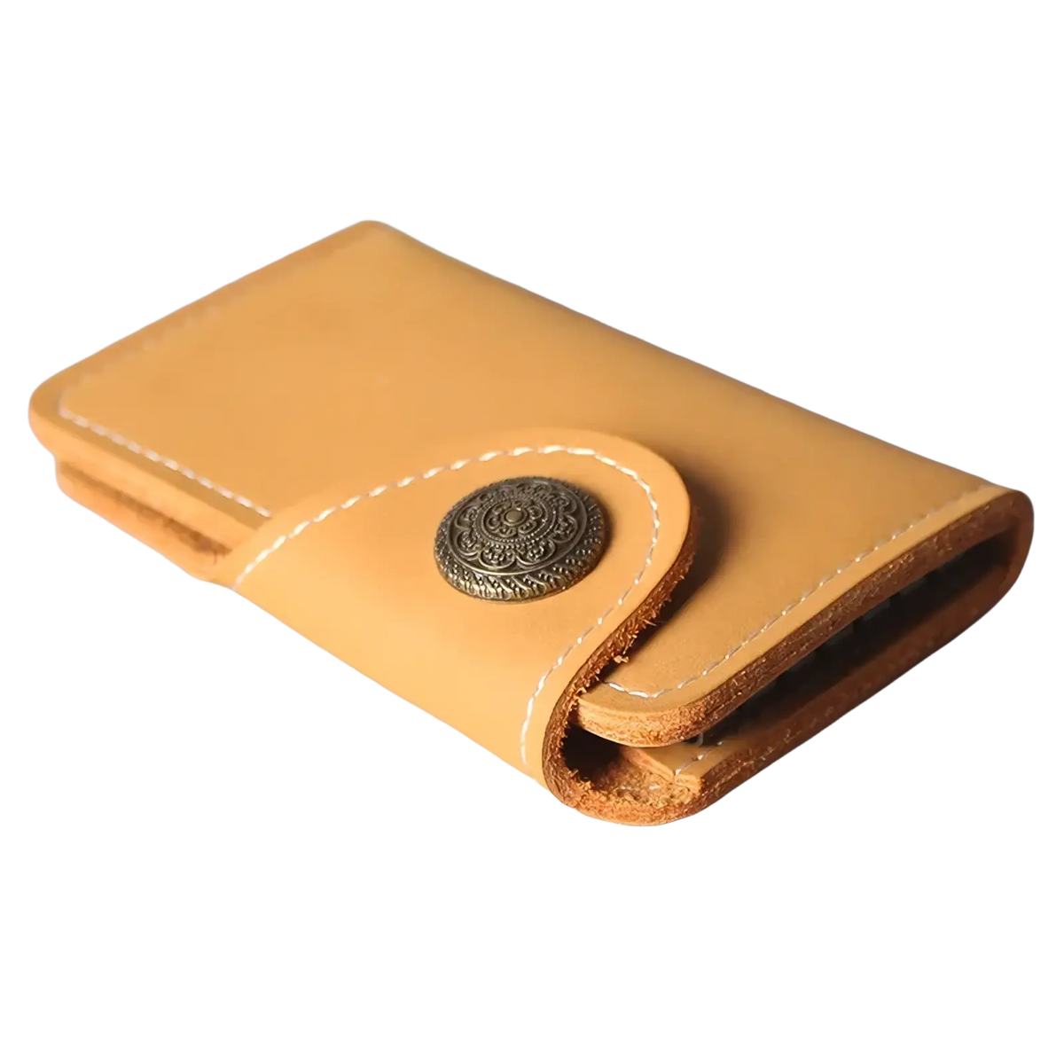 Tan leather key pouch wallet with card holder featuring a brass button closure and white stitching keychain detail