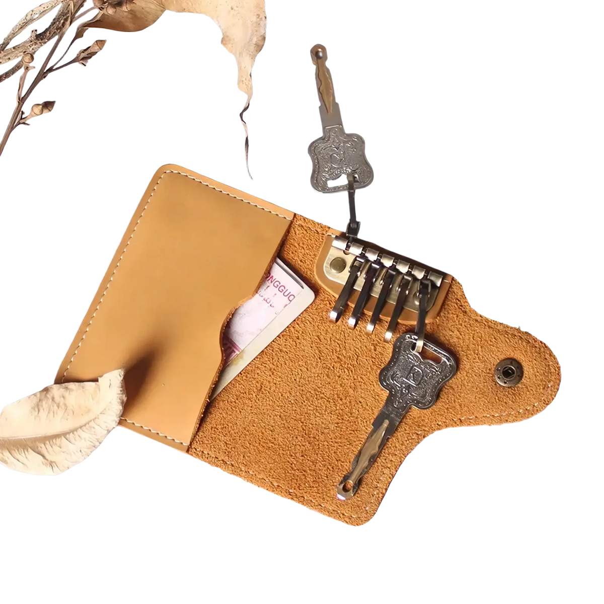 Tan leather key pouch wallet with card holder and five ornate silver keys attached for organized key storage