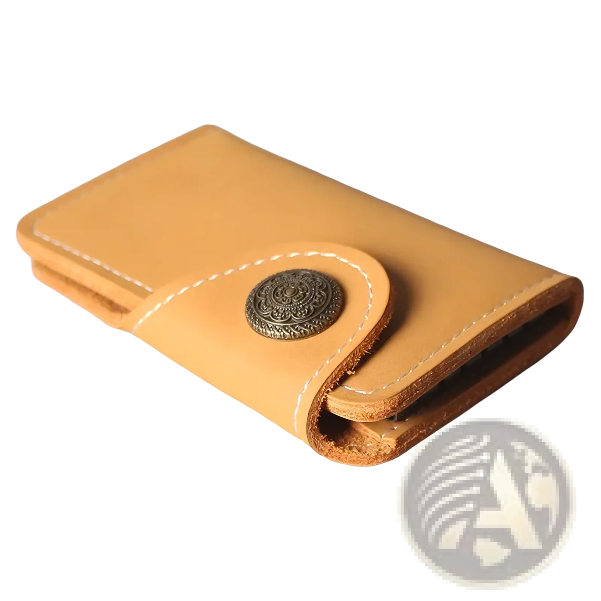 Tan leather key pouch wallet with card holder featuring a brass button closure and white stitching keychain detail