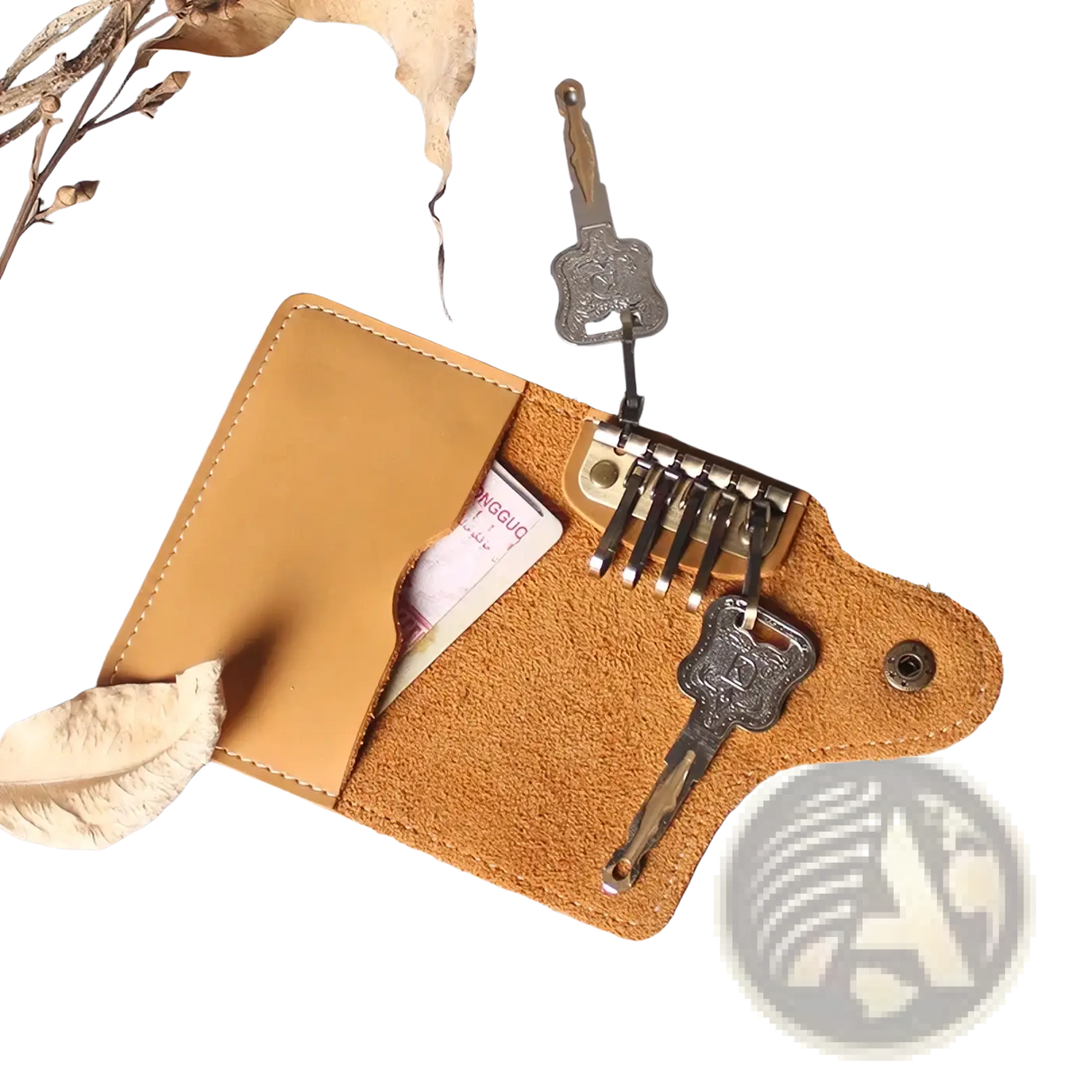 Tan leather key pouch wallet with card holder and five ornate silver keys attached for organized key storage