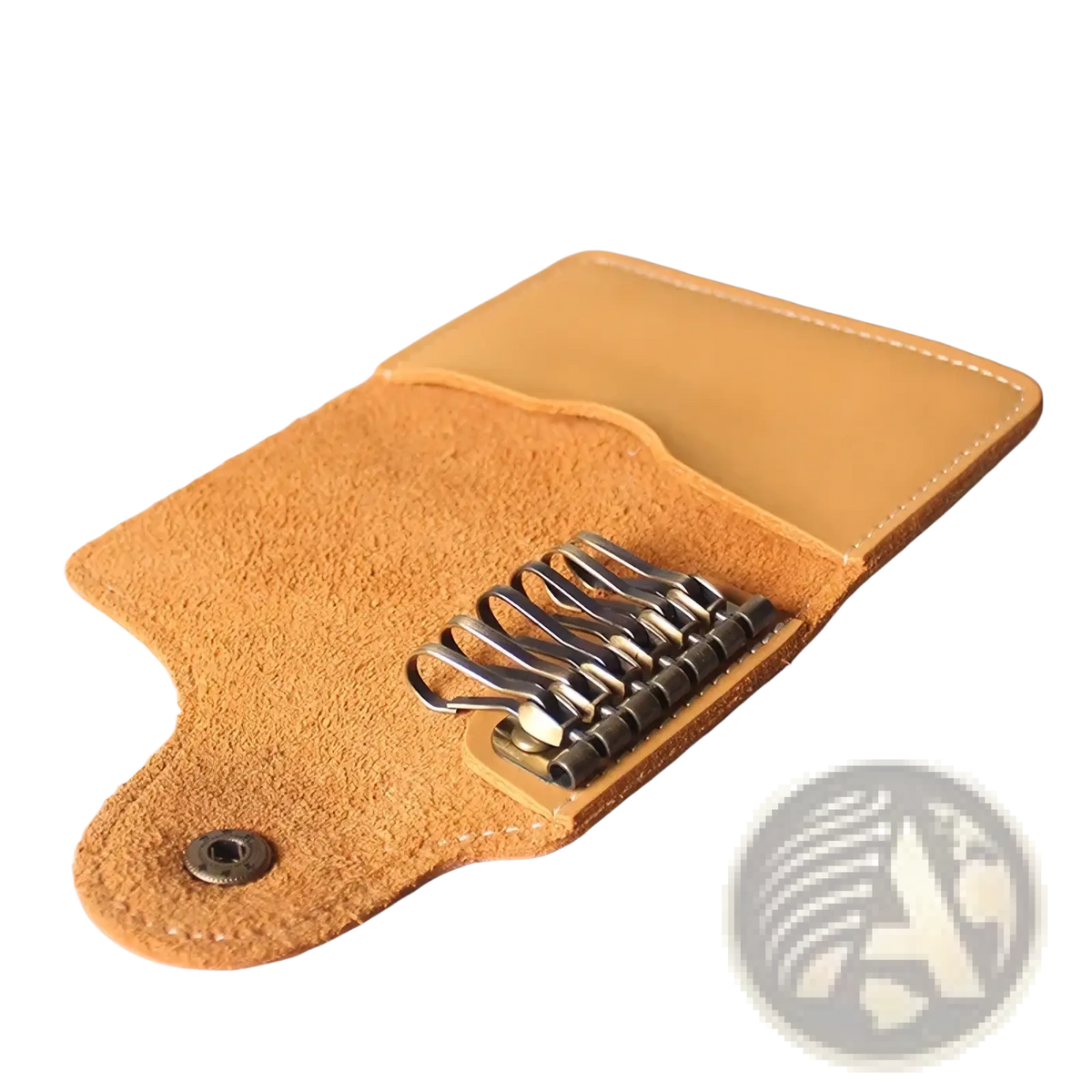 Tan leather key pouch wallet with six metallic hooks and snap button closure for organized key storage
