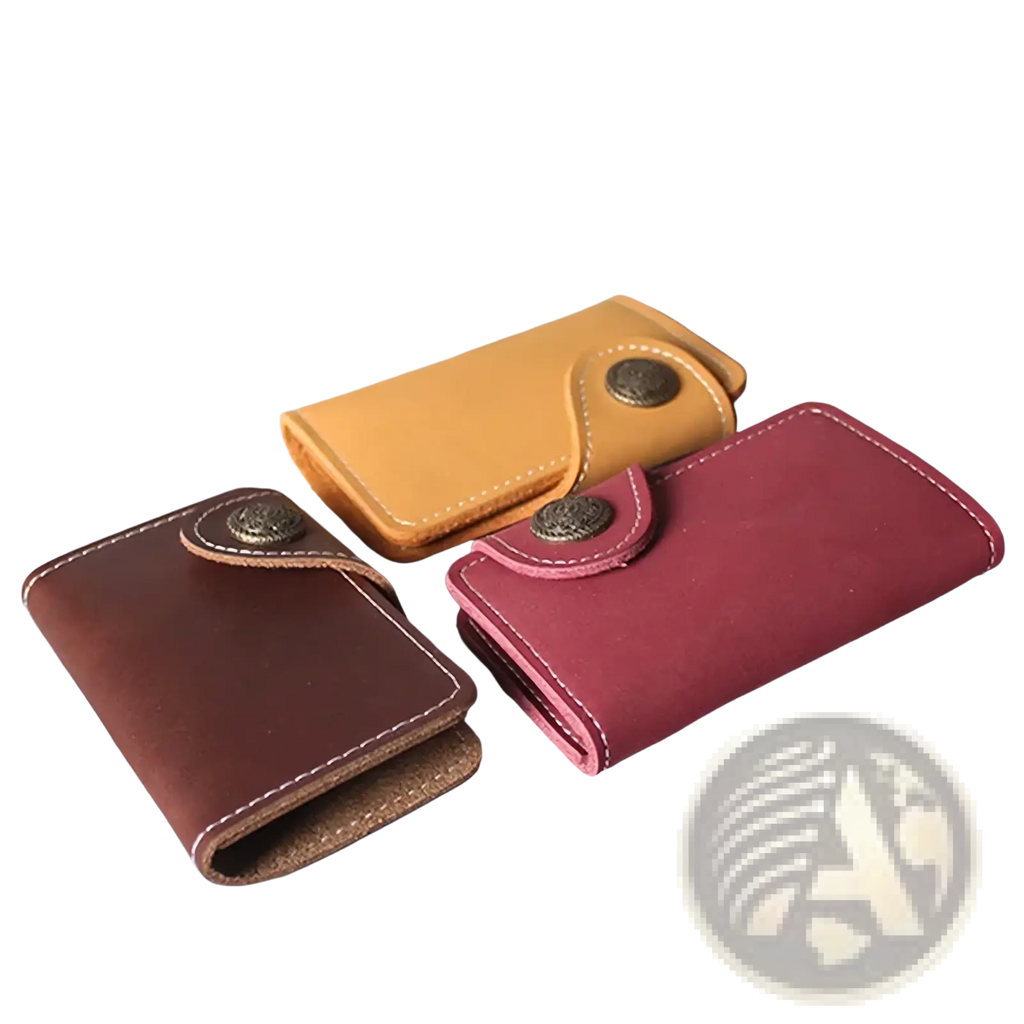 Three compact leather key pouch wallets with card holders in brown maroon and tan hues with vintage metal clasps