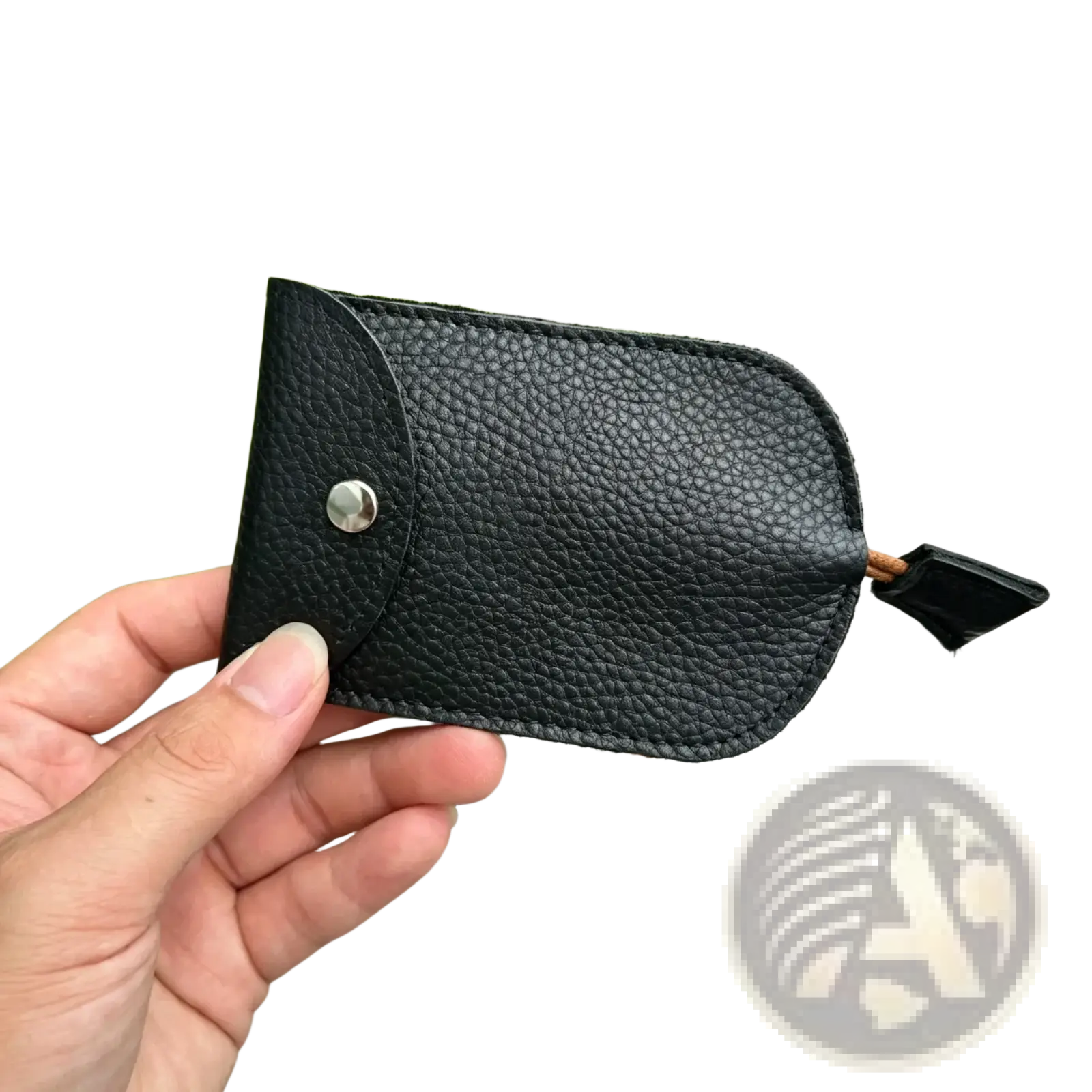 Black pebbled leather key wallet case pocket holder with silver snap button and small black fabric loop