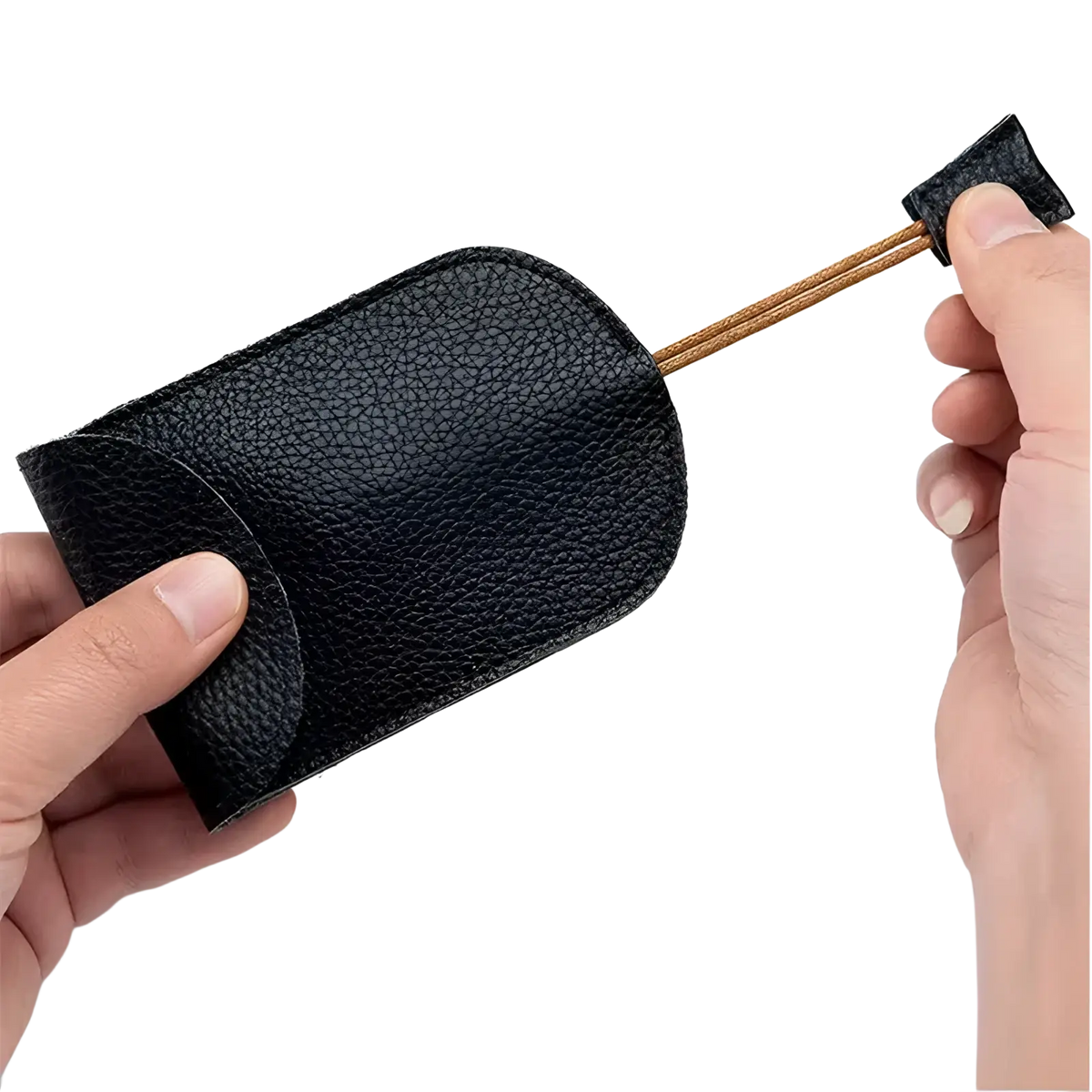 Black textured leather key wallet case pocket holder with brown cord and black fabric loop for secure key storage