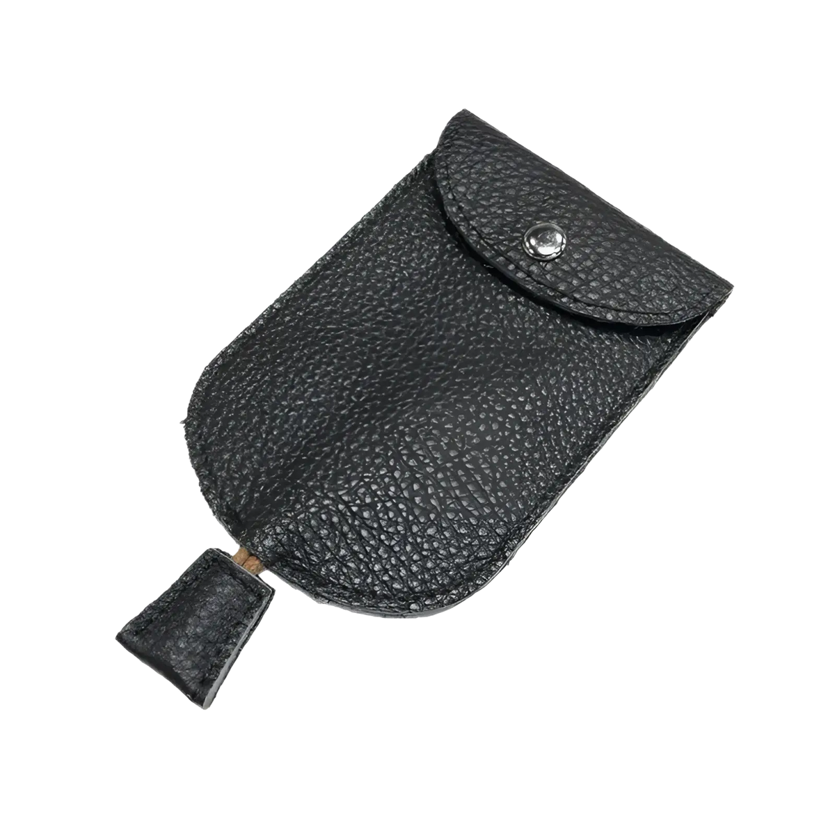 Leather key wallet case pocket holder in black textured leather with silver snap button and matching pull tab closure