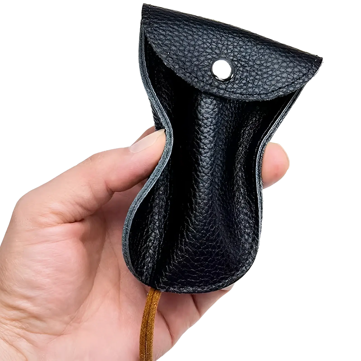 Black textured leather key wallet case pocket holder with silver snap button closure and attached tan cord
