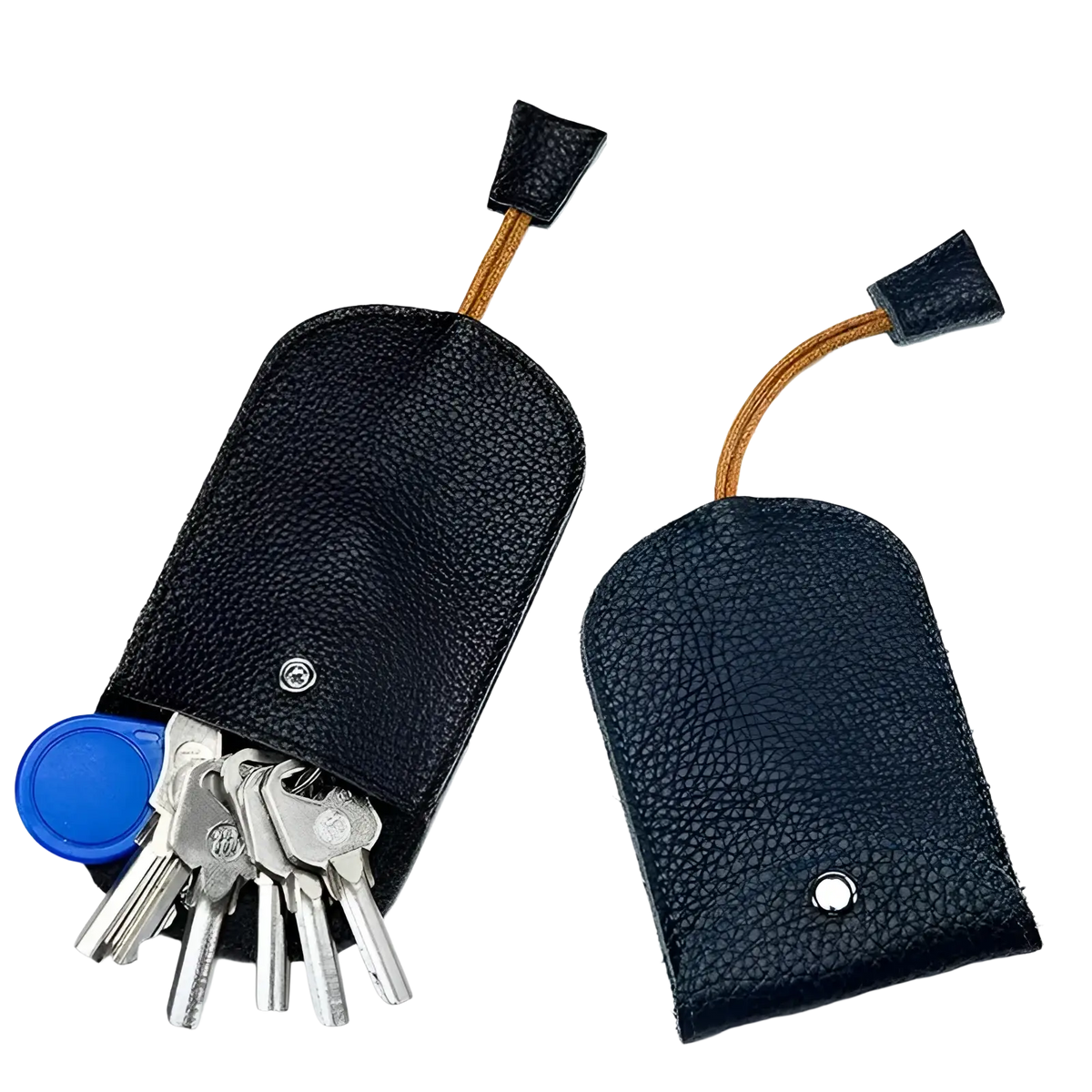 Black textured leather key wallet case pocket holder with tan cord and black fabric ends for secure key storage