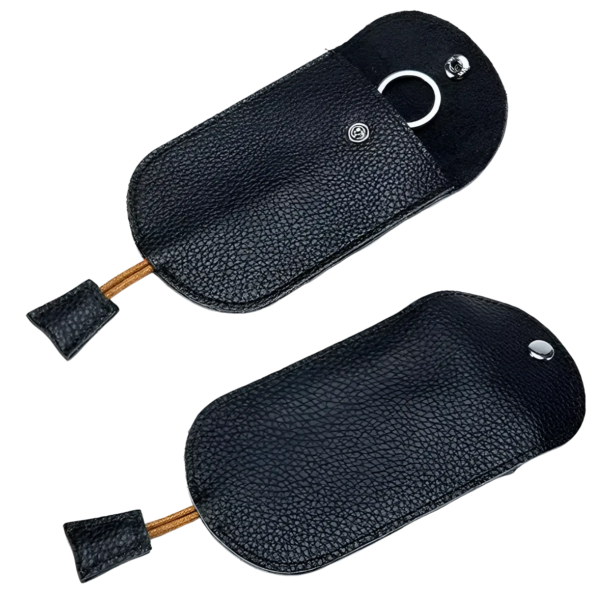 Leather key wallet case pocket holder in black textured leather with silver metal hardware and tan cord pulls