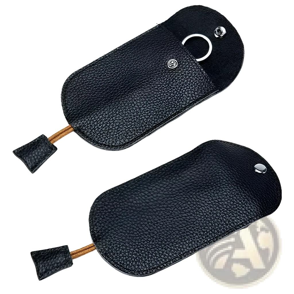 Leather key wallet case pocket holder in black textured leather with silver metal hardware and tan cord pulls