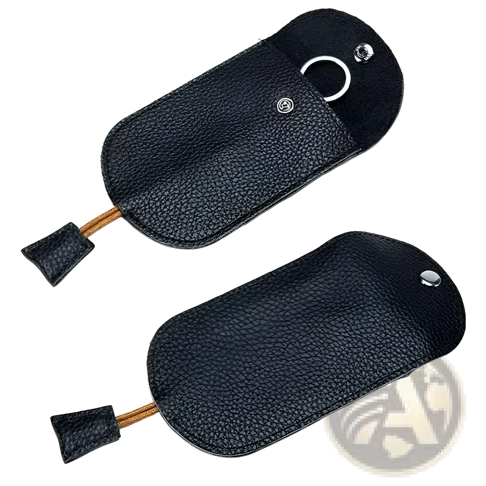 Leather key wallet case pocket holder in black textured leather with silver metal hardware and tan cord pulls