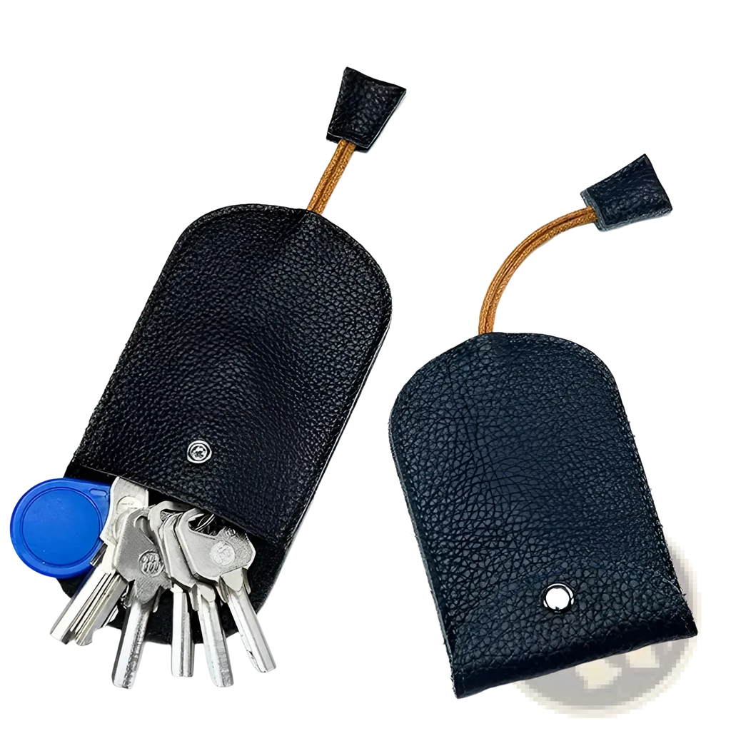 Black textured leather key wallet case pocket holder with tan cord and black fabric ends for secure key storage