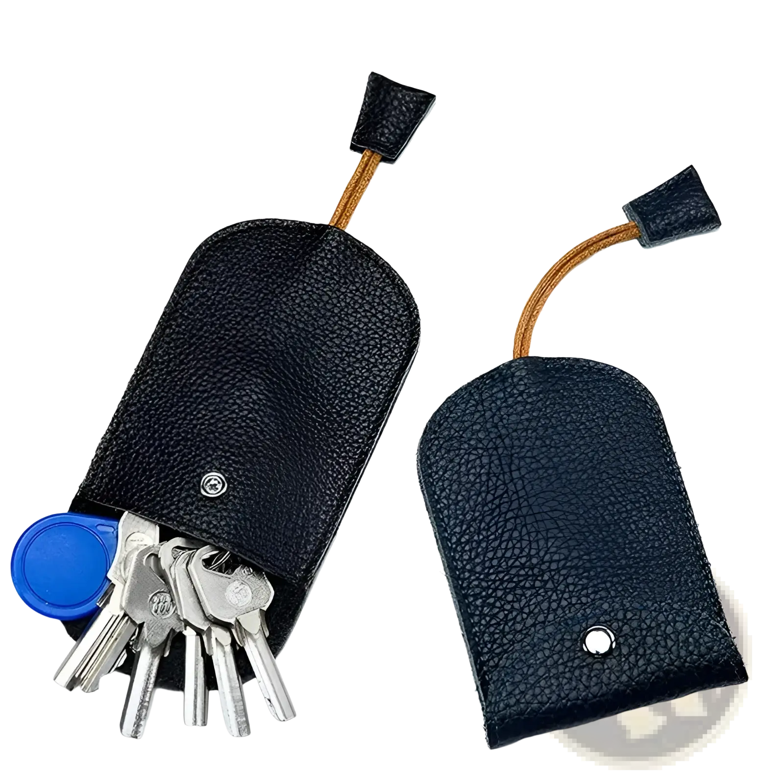 Black textured leather key wallet case pocket holder with tan cord and black fabric ends for secure key storage