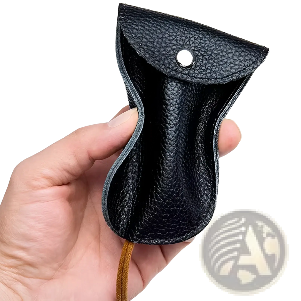 Black textured leather key wallet case pocket holder with silver snap button closure and attached tan cord