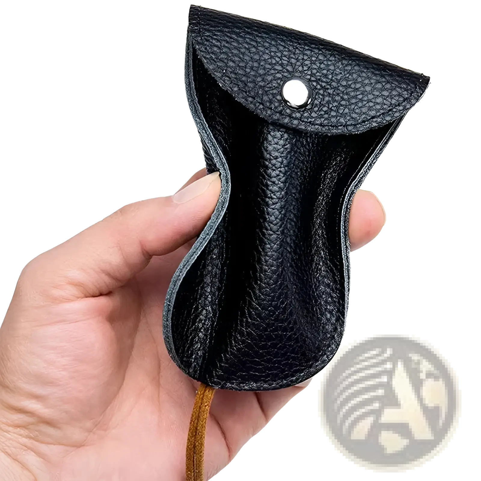 Black textured leather key wallet case pocket holder with silver snap button closure and attached tan cord