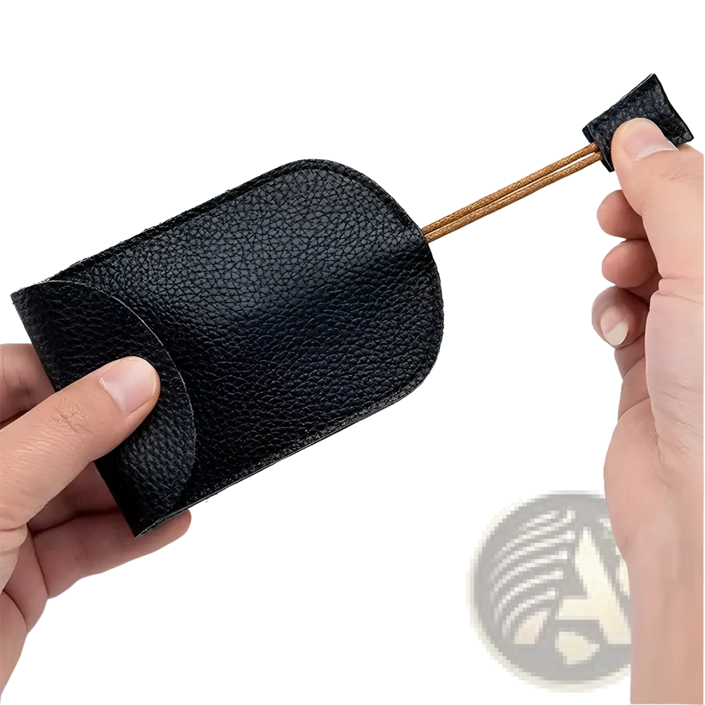Black textured leather key wallet case pocket holder with brown cord and black fabric loop for secure key storage