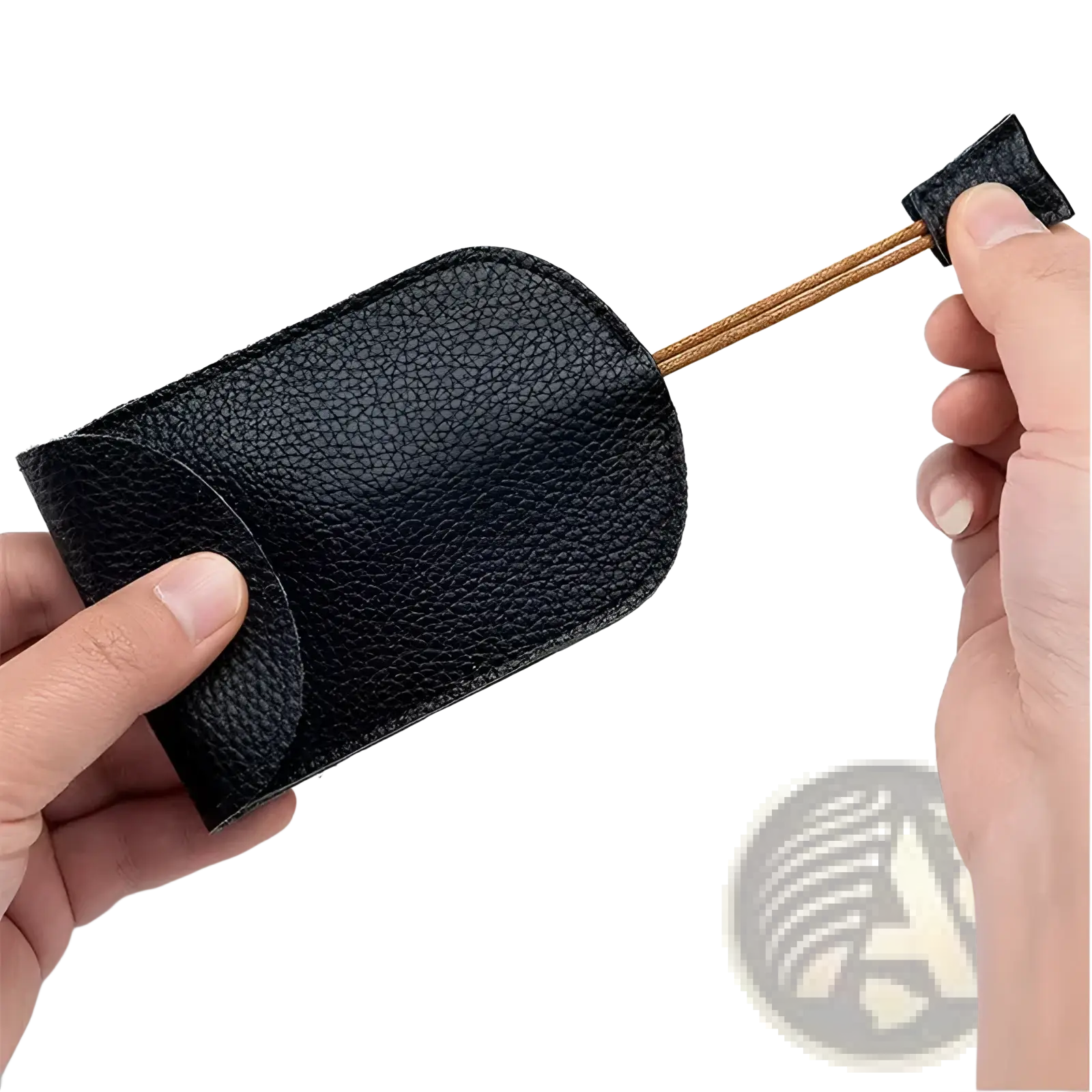 Black textured leather key wallet case pocket holder with brown cord and black fabric loop for secure key storage