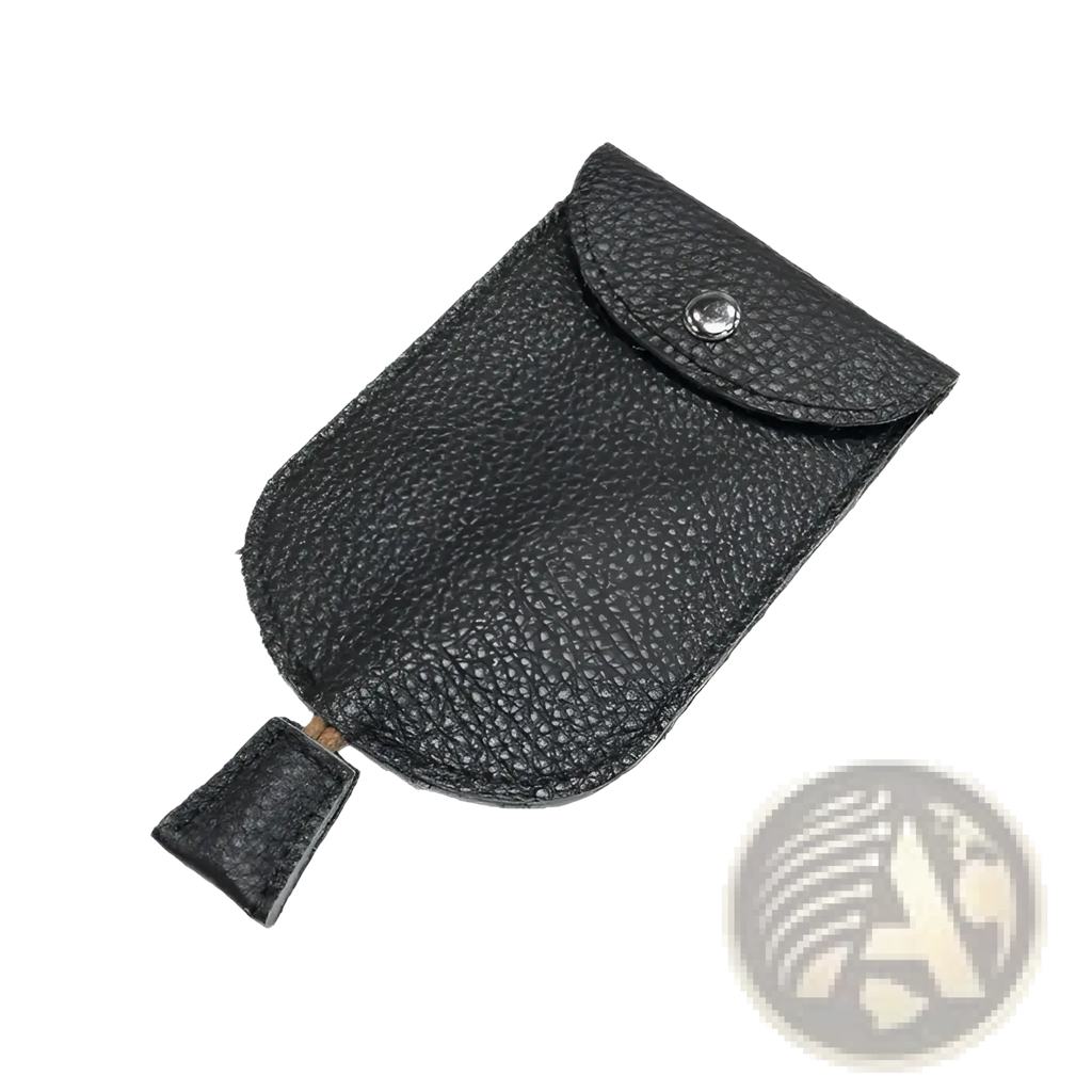 Leather key wallet case pocket holder in black textured leather with silver snap button and matching pull tab closure