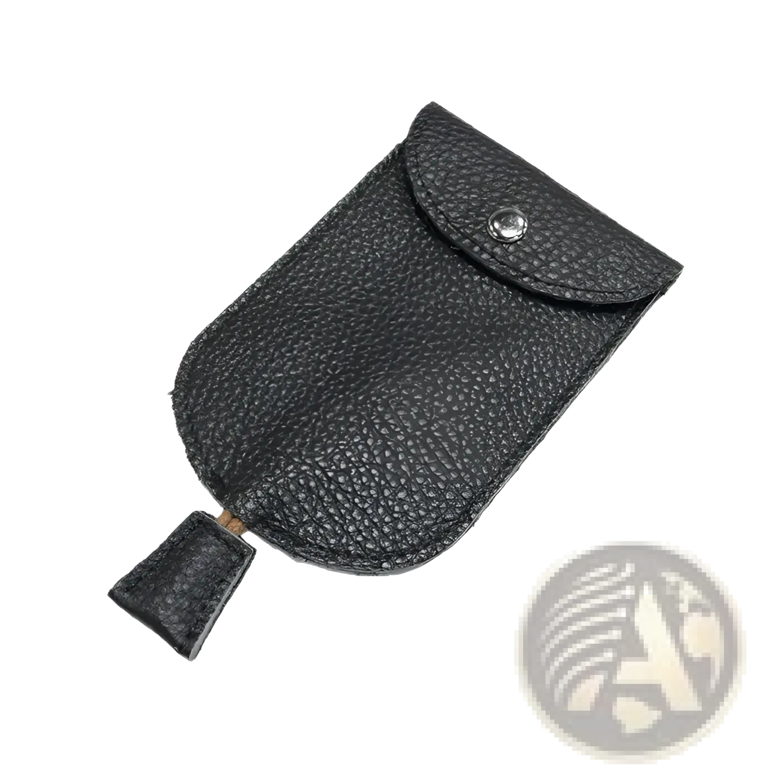 Leather key wallet case pocket holder in black textured leather with silver snap button and matching pull tab closure