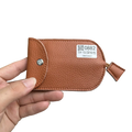 Brown textured leather key wallet case pocket holder with silver snap button and small looped strap for keys