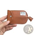 Brown textured leather key wallet case pocket holder with silver snap button and small looped strap for keys