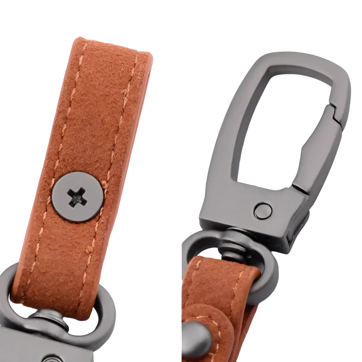 Brown suede leather keychain with matte black metal carabiner and silver screw detail for car key organization