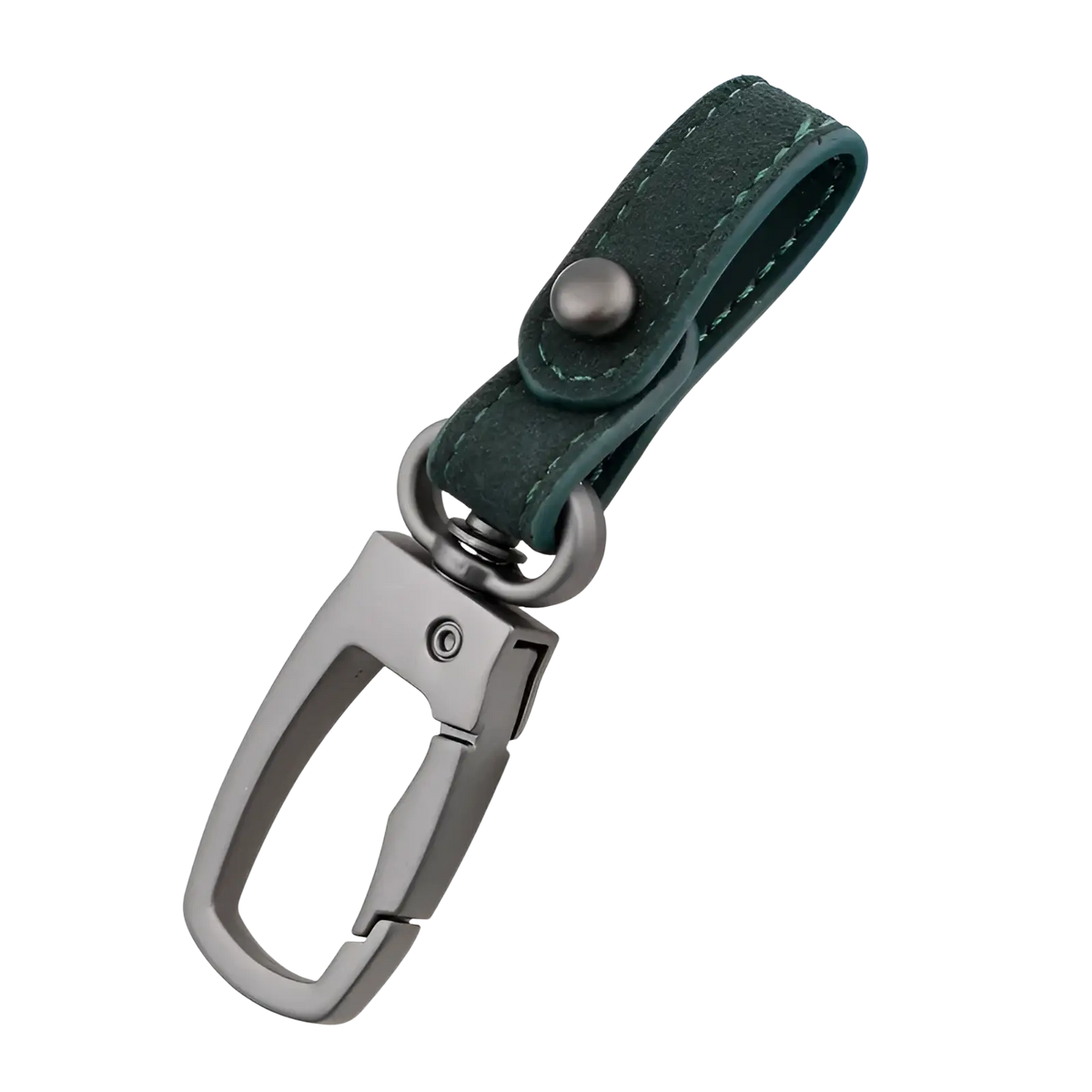 Dark green suede leather keychain with matte black metal carabiner clip for organizing car keys in a 3pack set
