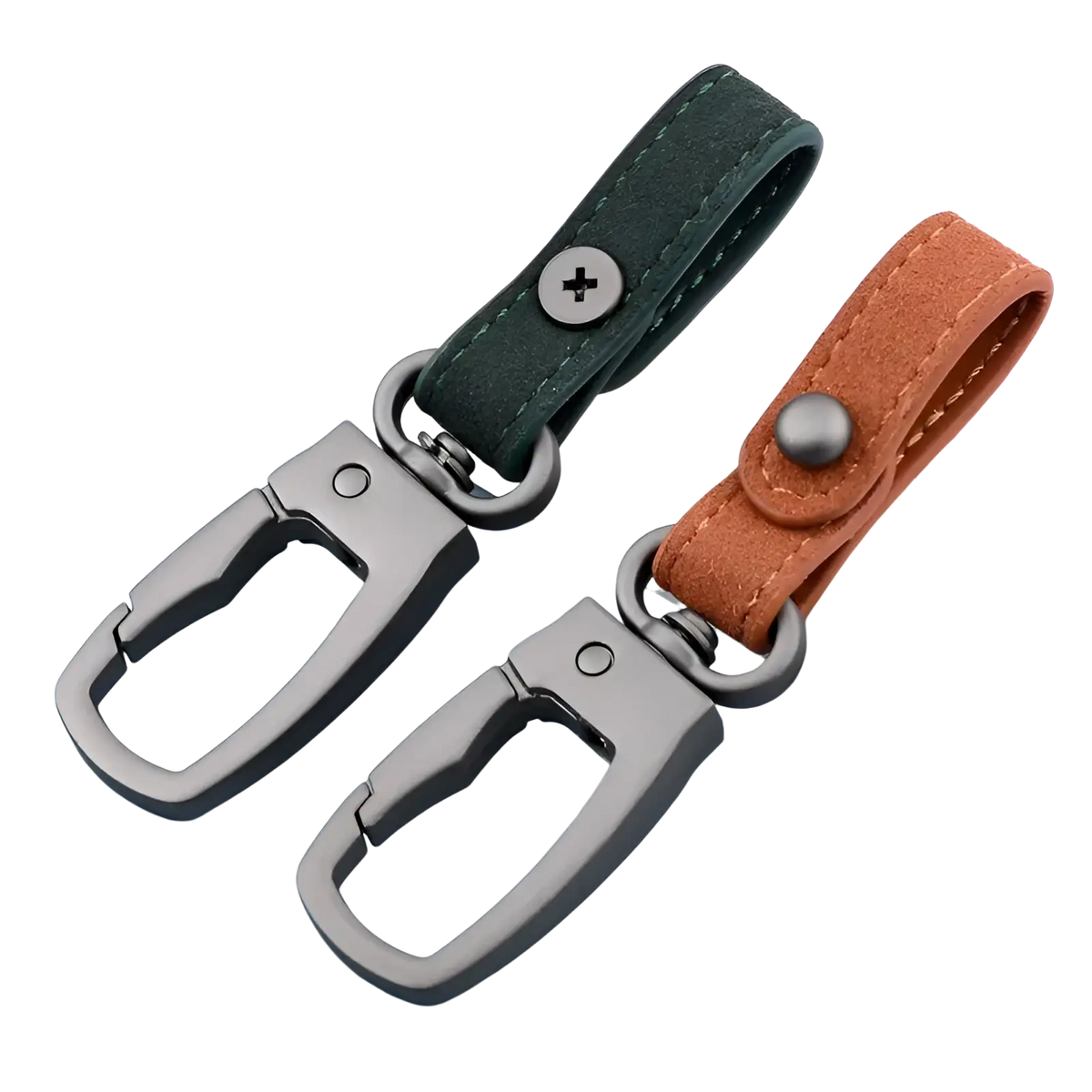 Leather keychain 3pack with dark green and tan suede straps and matte black metal carabiner clips for key organization