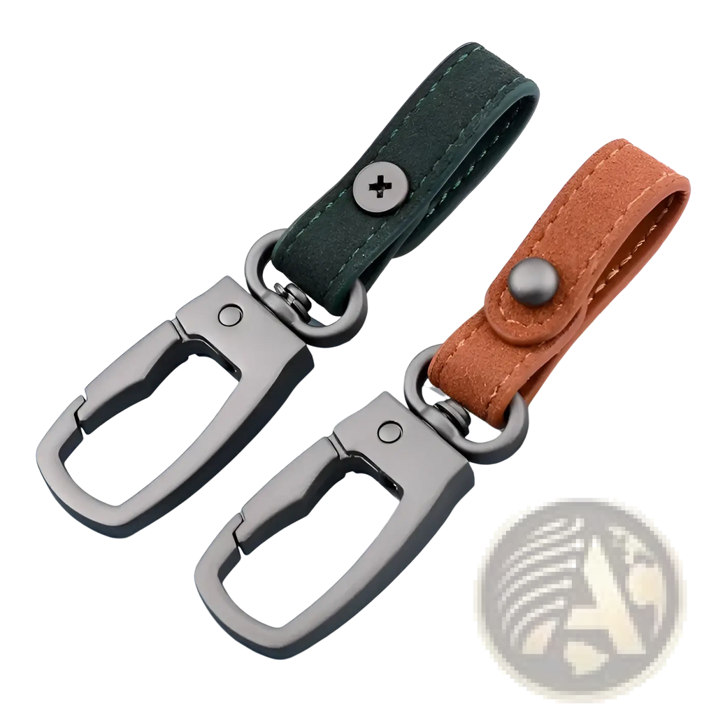 Leather keychain 3pack with dark green and tan suede straps and matte black metal carabiner clips for key organization