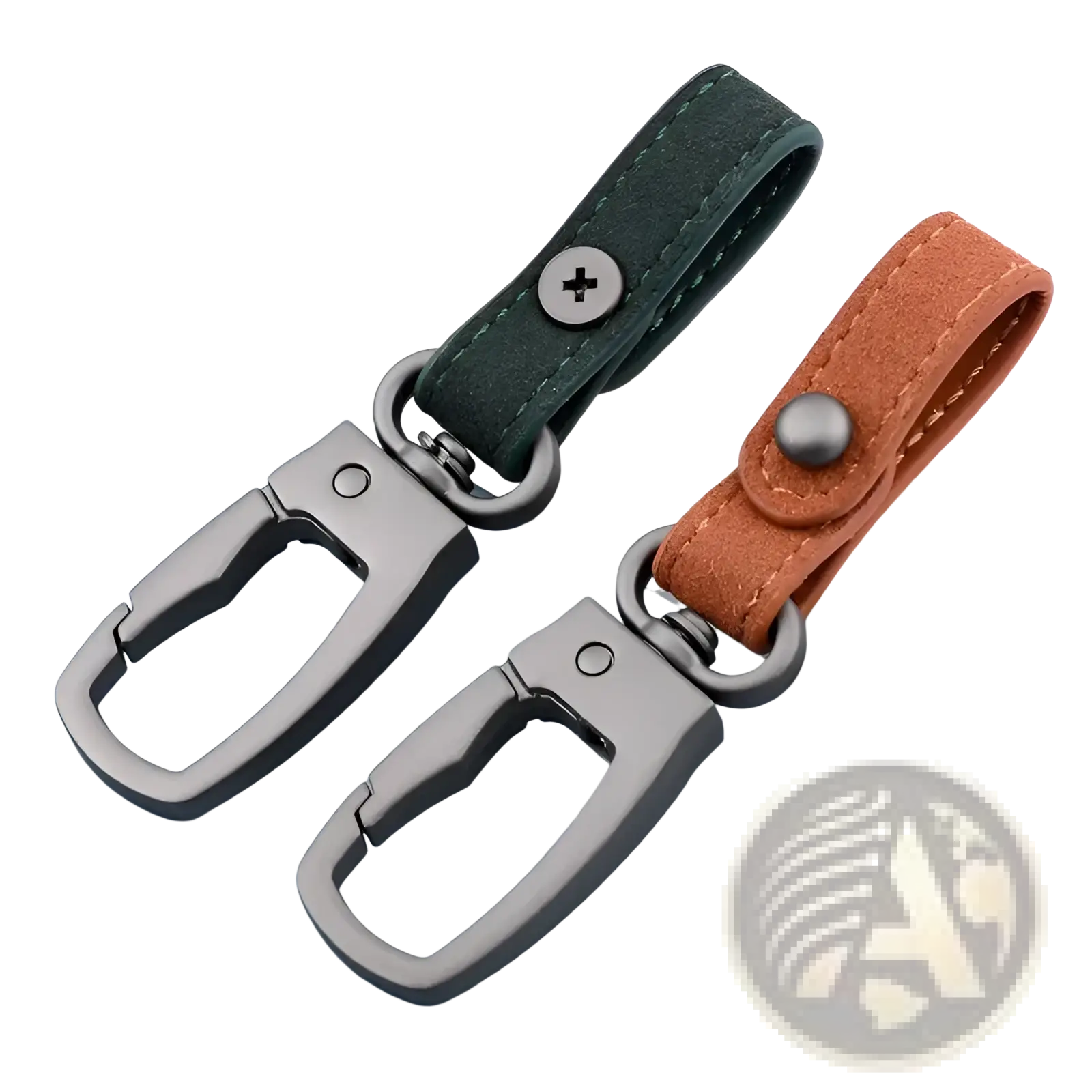 Leather keychain 3pack with dark green and tan suede straps and matte black metal carabiner clips for key organization
