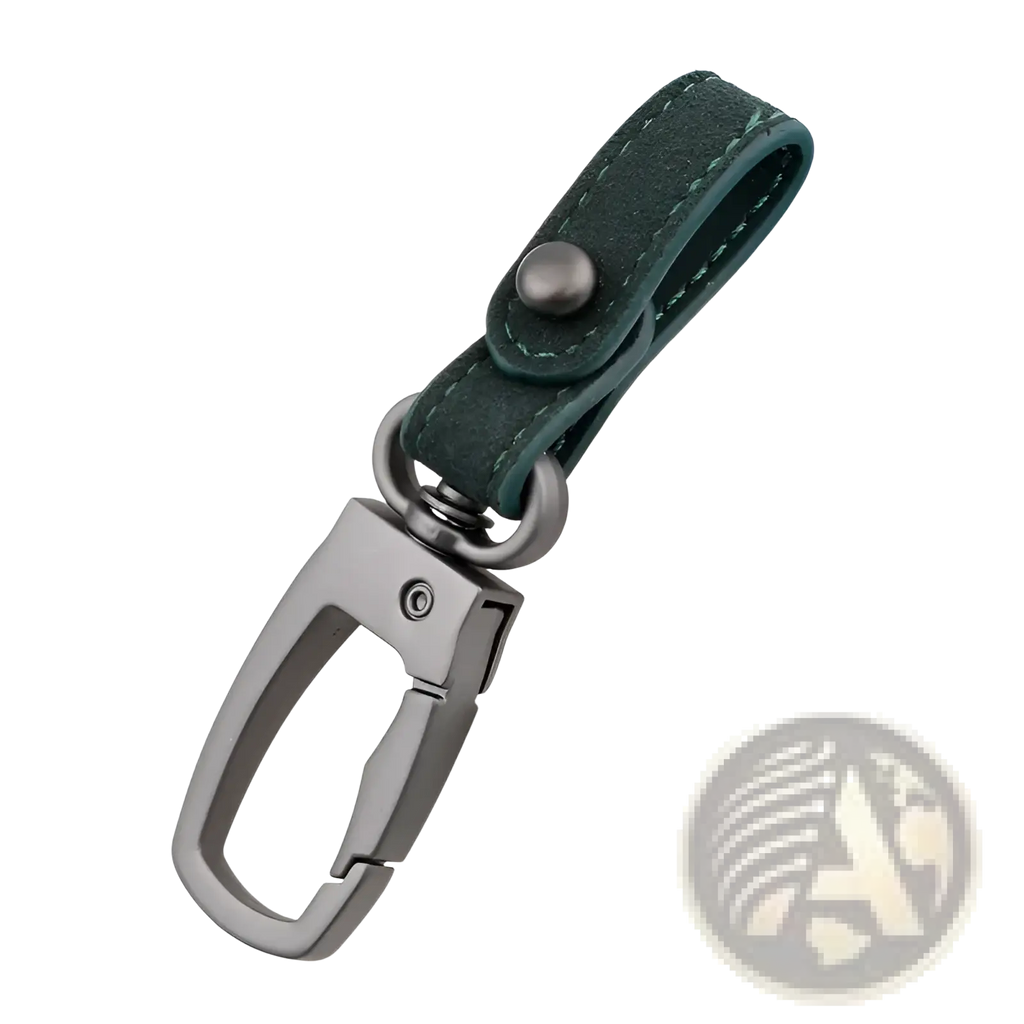 Dark green suede leather keychain with matte black metal carabiner clip for organizing car keys in a 3pack set