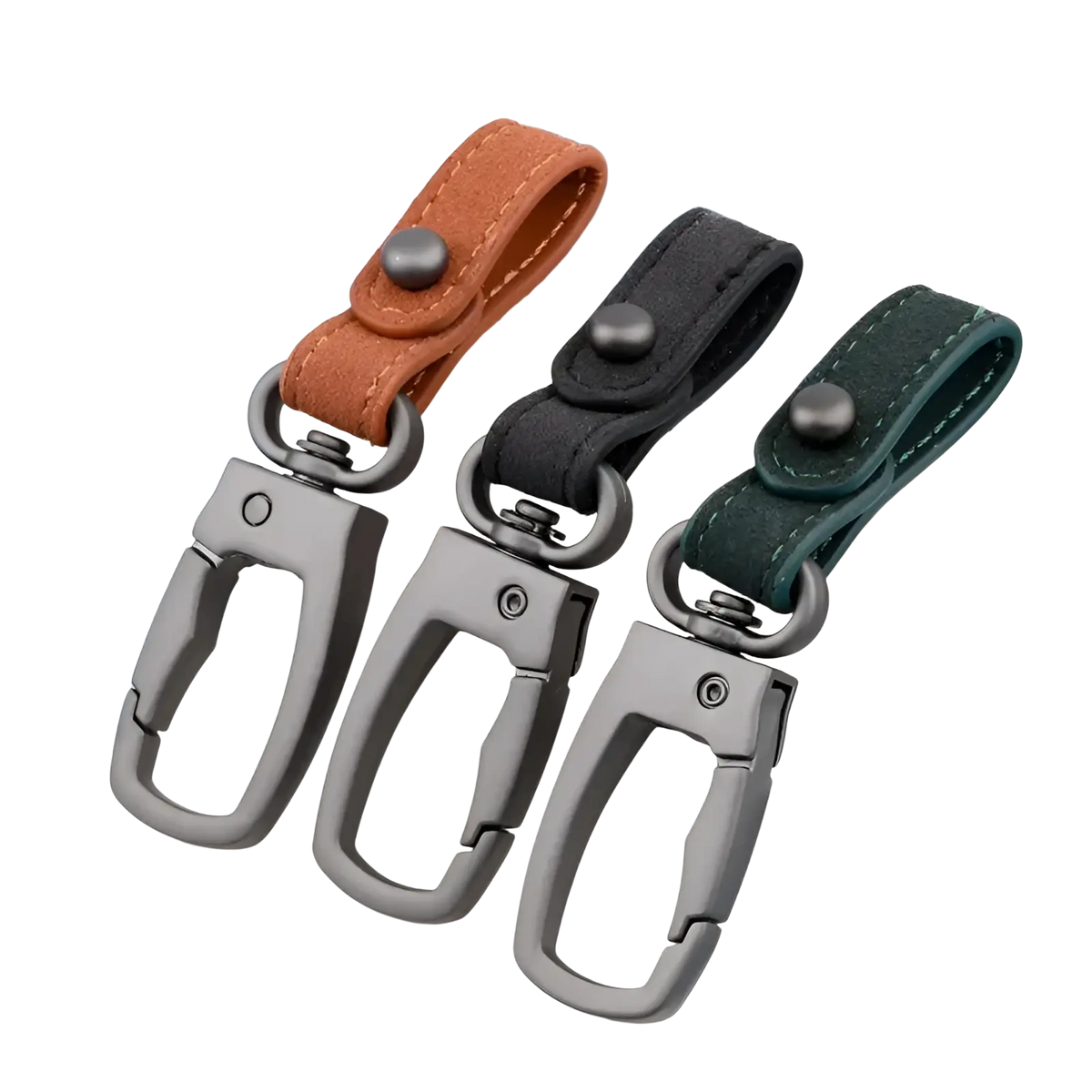 Three leather keychain straps in brown black and green with metallic carabiner clips for car key organization