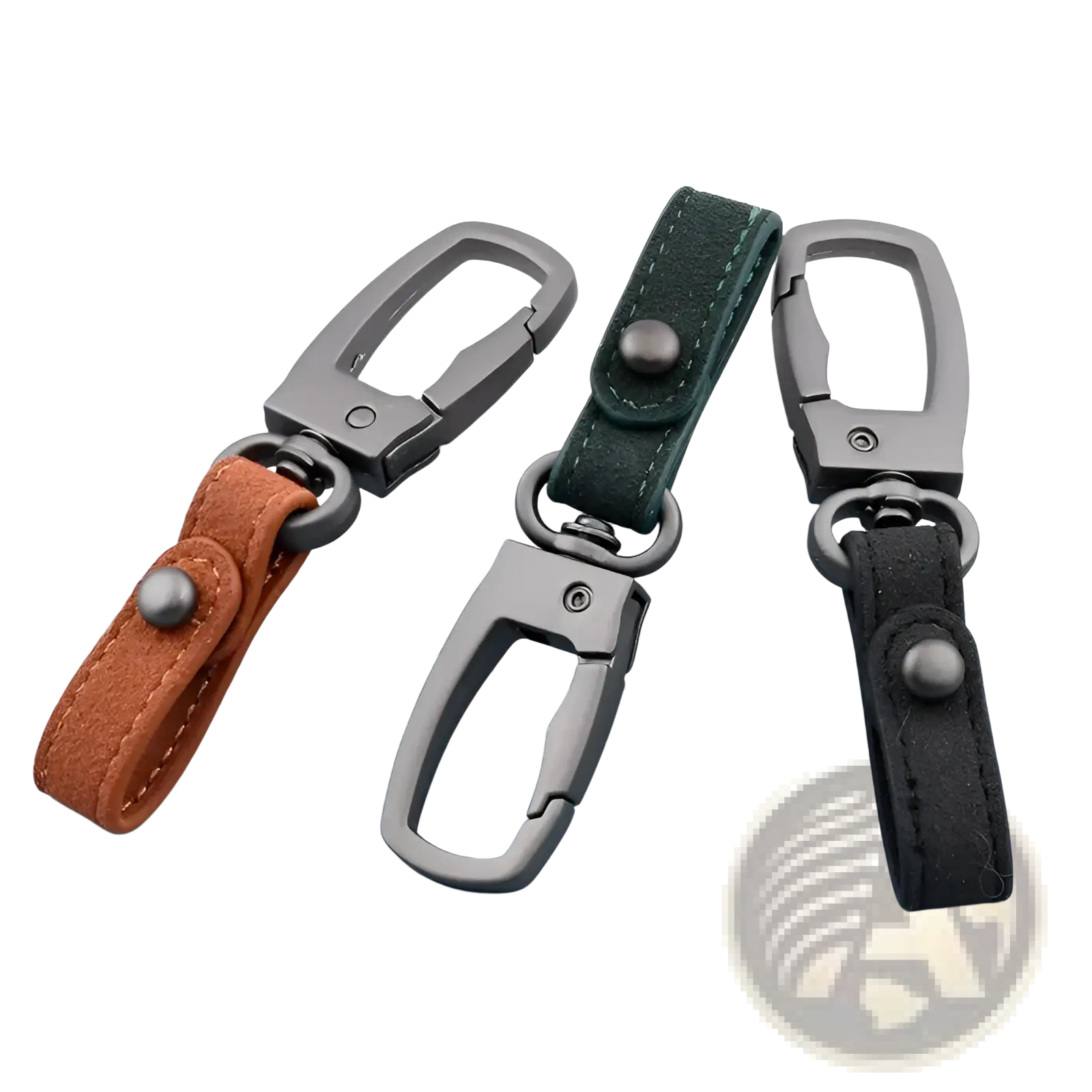 Leather keychain 3pack featuring metal carabiner clips and brown green black leather straps for car key organization