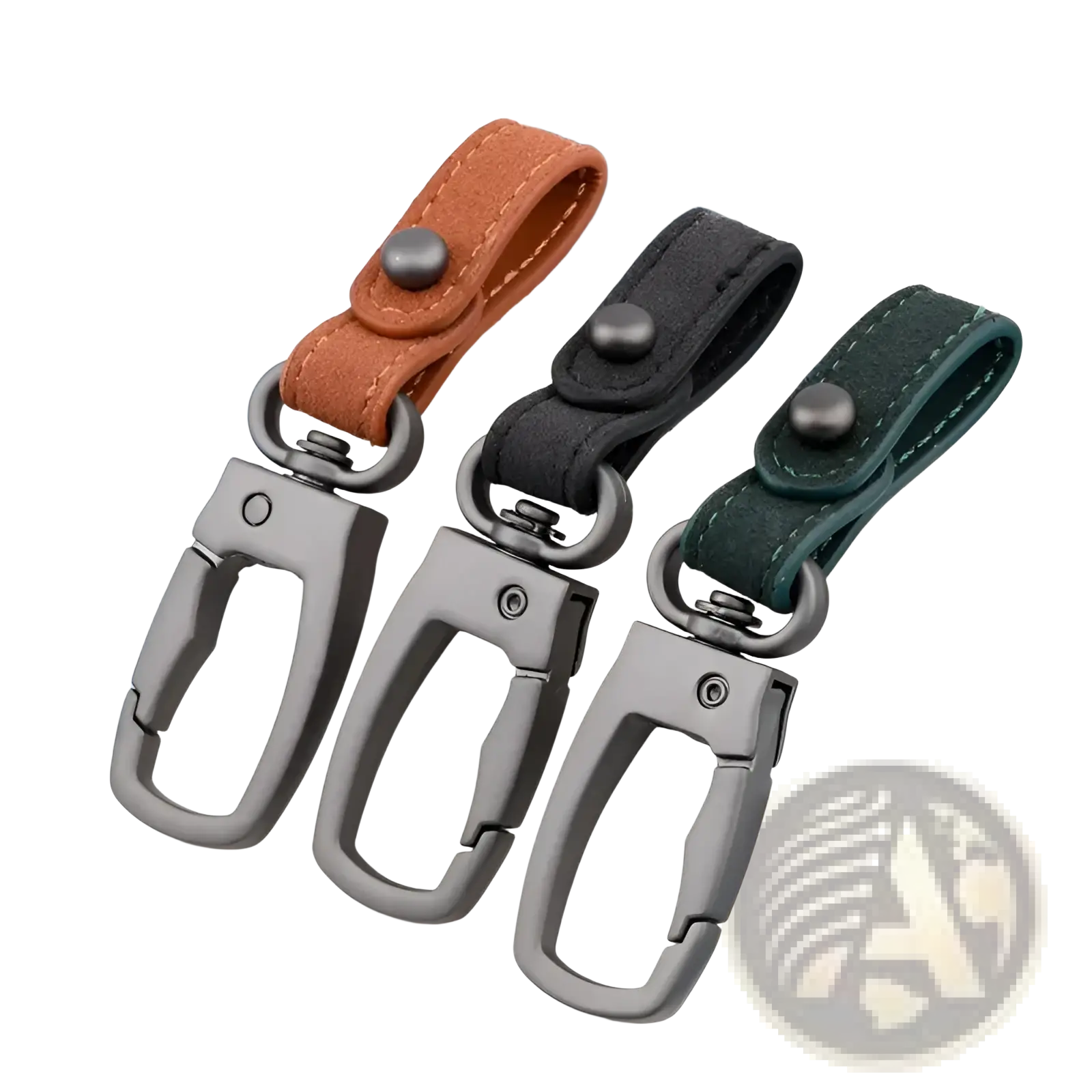 Three leather keychain straps in brown black and green with metallic carabiner clips for car key organization