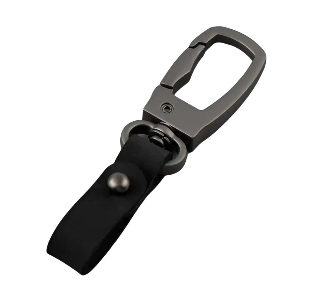 Black leather keychain car key holder organizer charm with matte gray metal carabiner clip for secure attachment