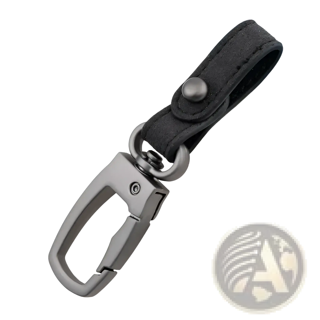 Black leather keychain with matte metal carabiner clip for organizing and holding car keys securely