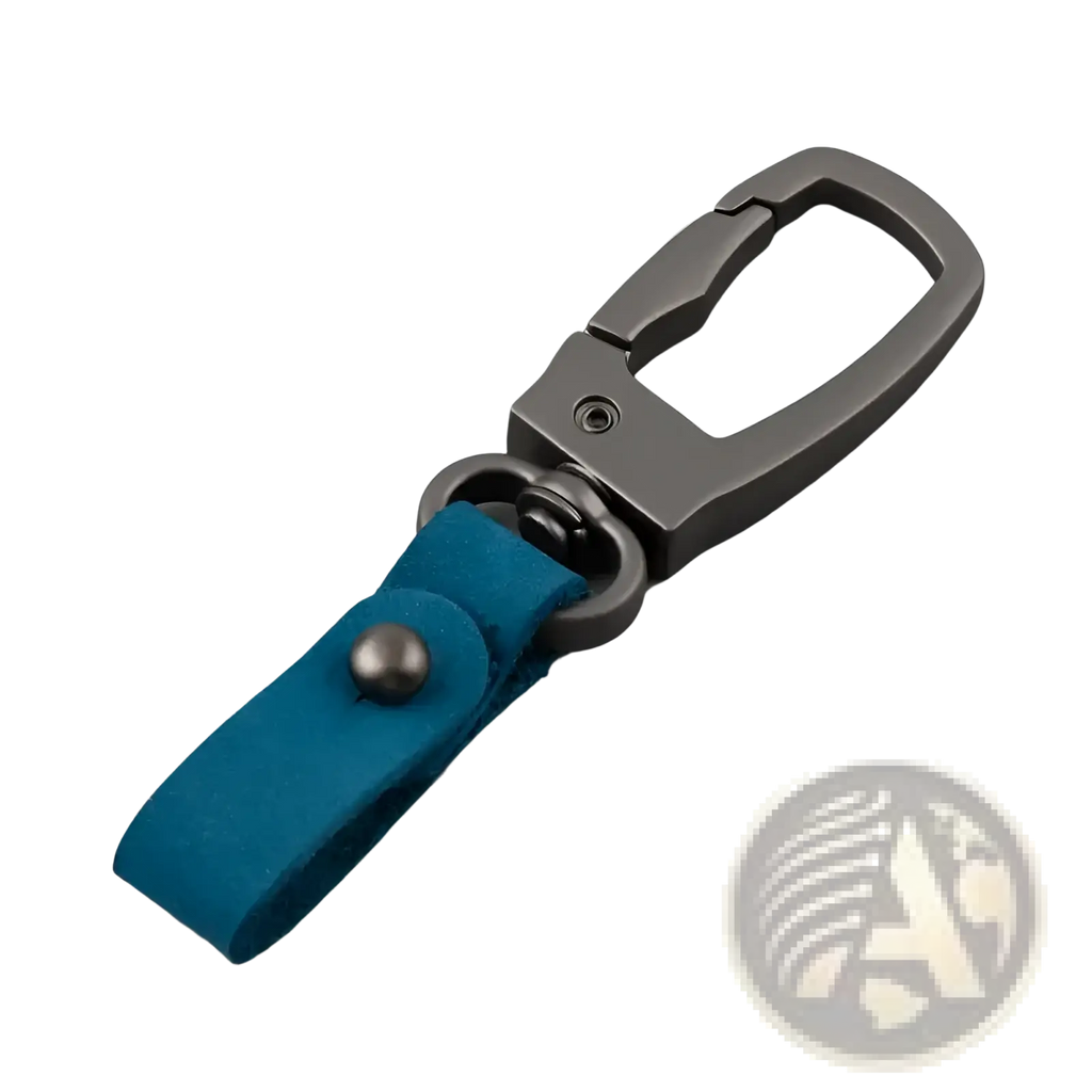 Leather keychain car key holder organizer charm with a sleek matte metal carabiner and vibrant teal leather strap