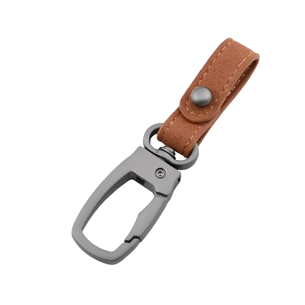Brown leather keychain car key holder organizer charm with silver-toned metal carabiner clip