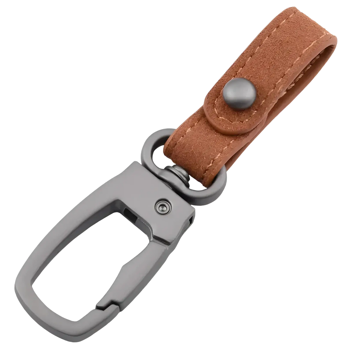 Brown suede leather keychain with matte gray metal carabiner clip for car key holder organizer charm