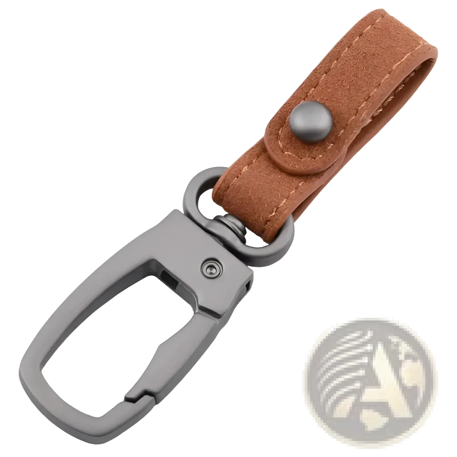 Brown suede leather keychain with matte gray metal carabiner clip for car key holder organizer charm