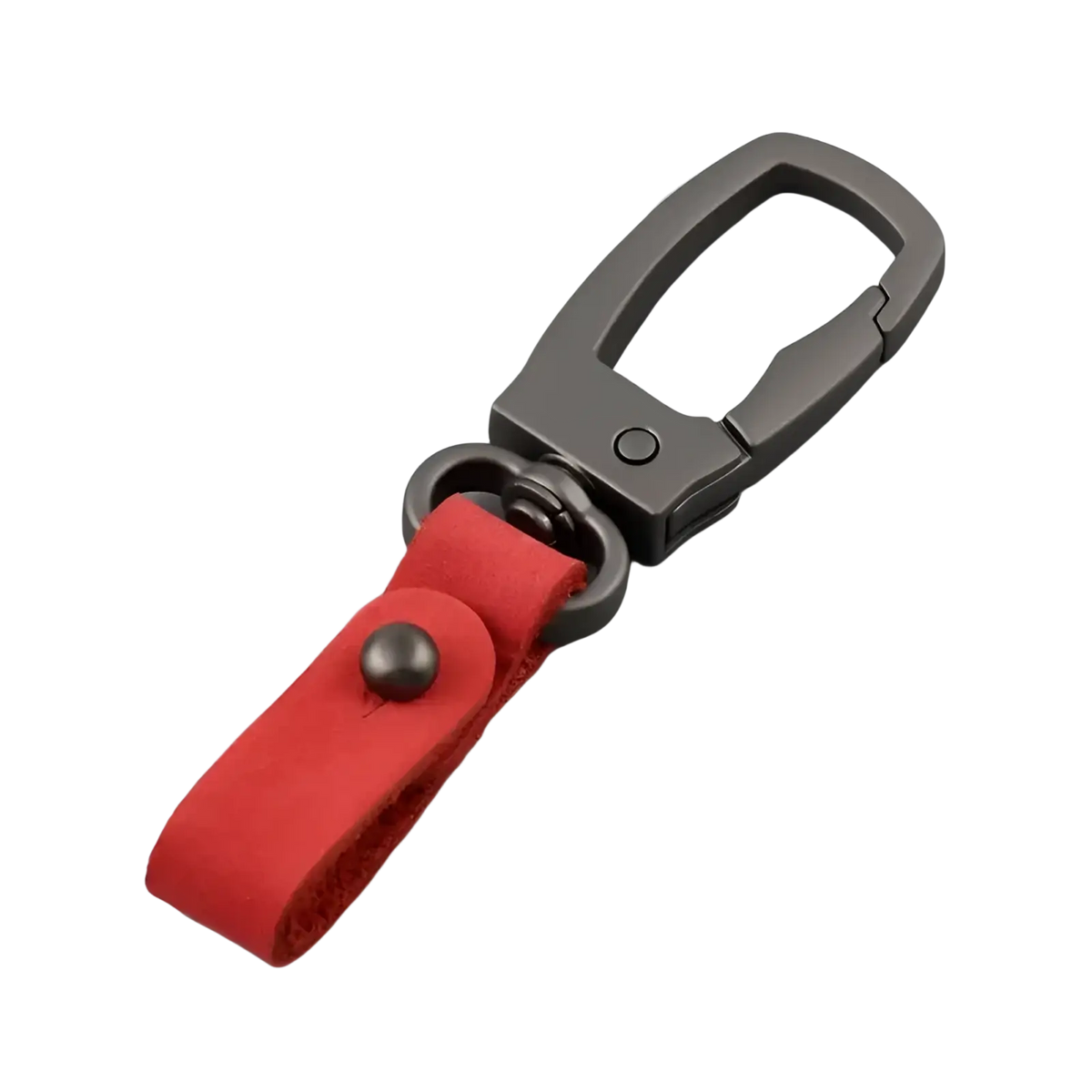 Leather keychain car key holder organizer charm in red leather with matte black metal carabiner clip and silver button fastener