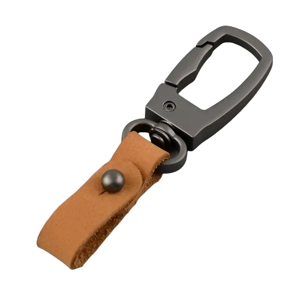 Leather keychain car key holder organizer charm in tan leather with matte black metal carabiner and silver button
