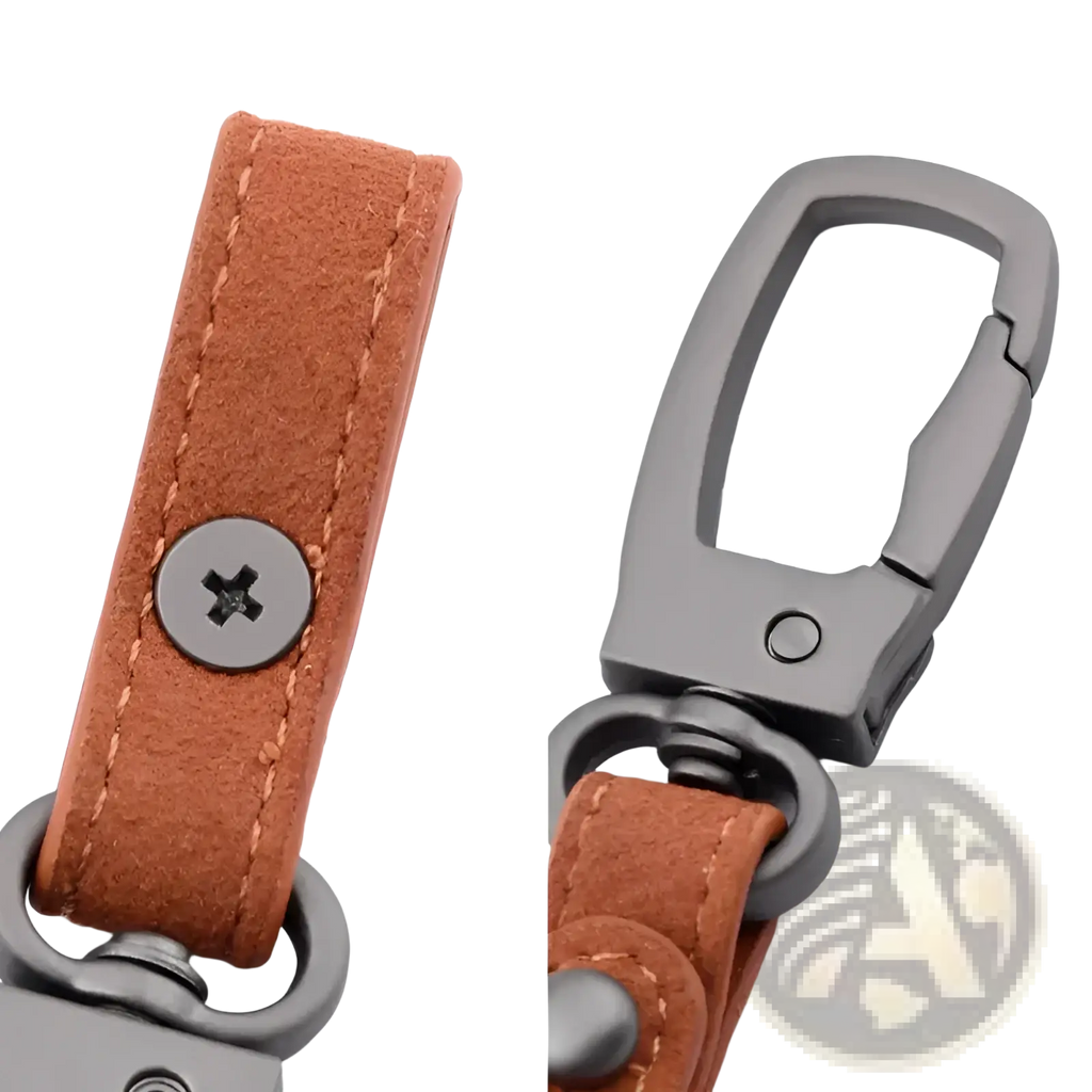 Tan suede leather keychain car key holder organizer charm with matte black metal carabiner and silver screw accent