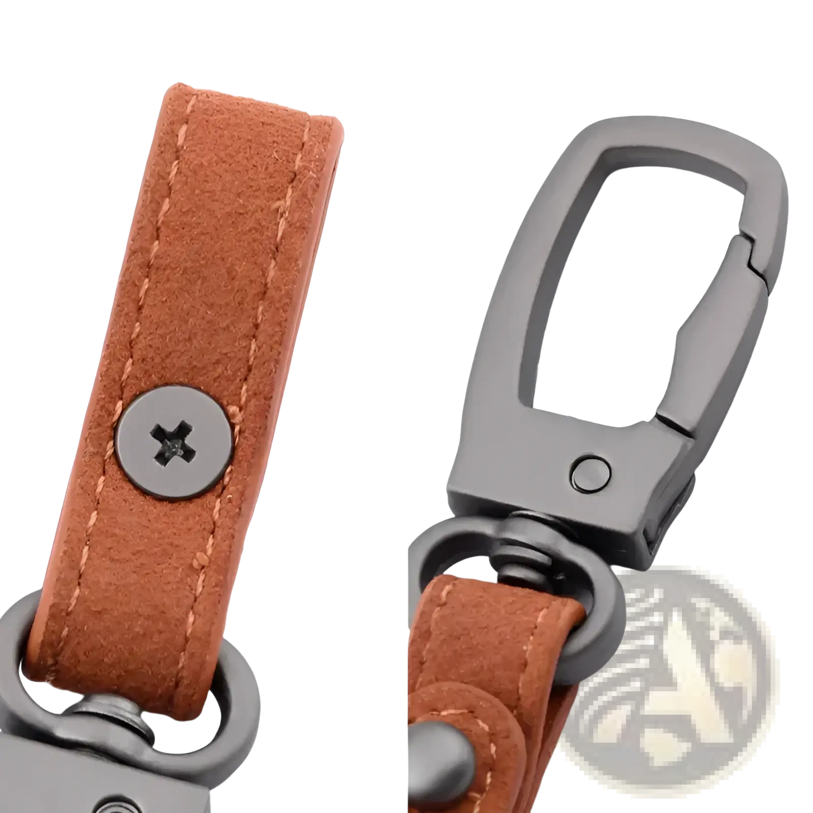 Tan suede leather keychain car key holder organizer charm with matte black metal carabiner and silver screw accent