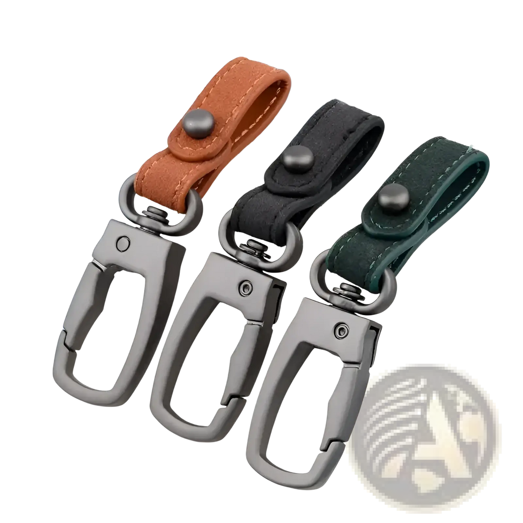 Leather keychain car key holder organizer charm in brown black and dark green with matte black metal carabiners