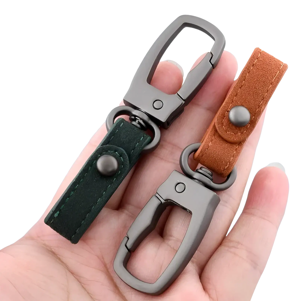 Leather keychain car key holder organizer charm with dark green and tan suede straps and matte black carabiner clips