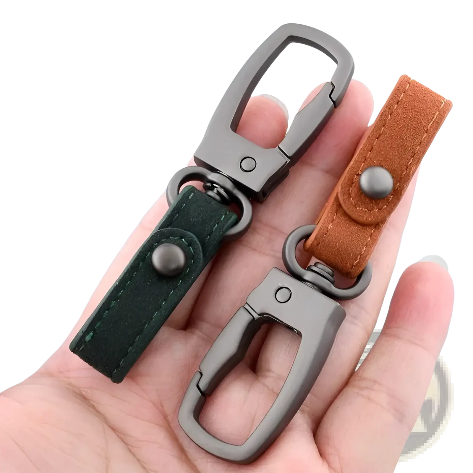 Leather keychain car key holder organizer charm with dark green and tan suede straps and matte black carabiner clips