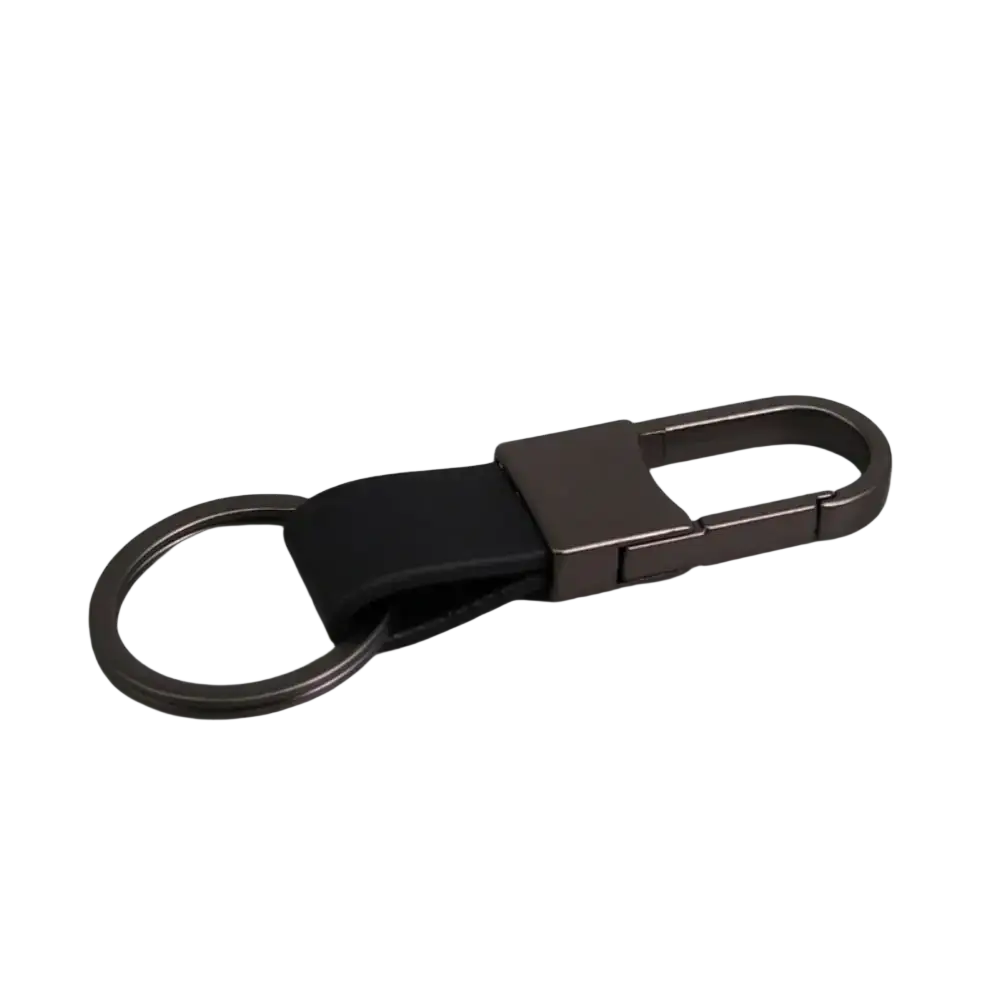 Black leather keychain with matte metal carabiner and ring for anti lost waist use
