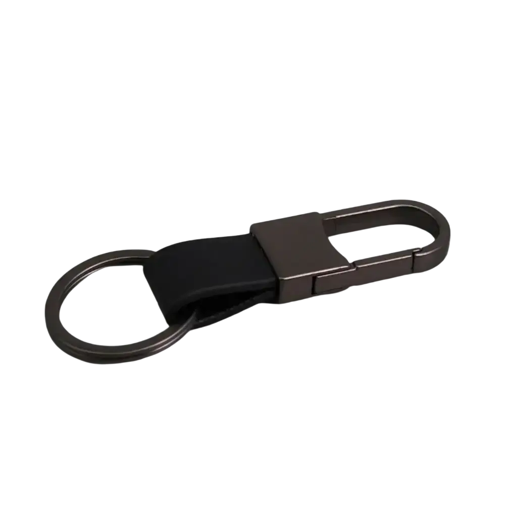 Black leather keychain with matte-finished metal carabiner and ring for anti lost waist attachment