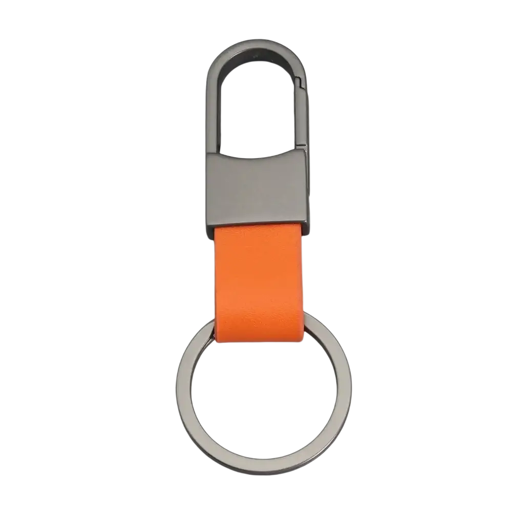 Bright orange leather keychain with silver metal carabiner and ring for anti lost waist use
