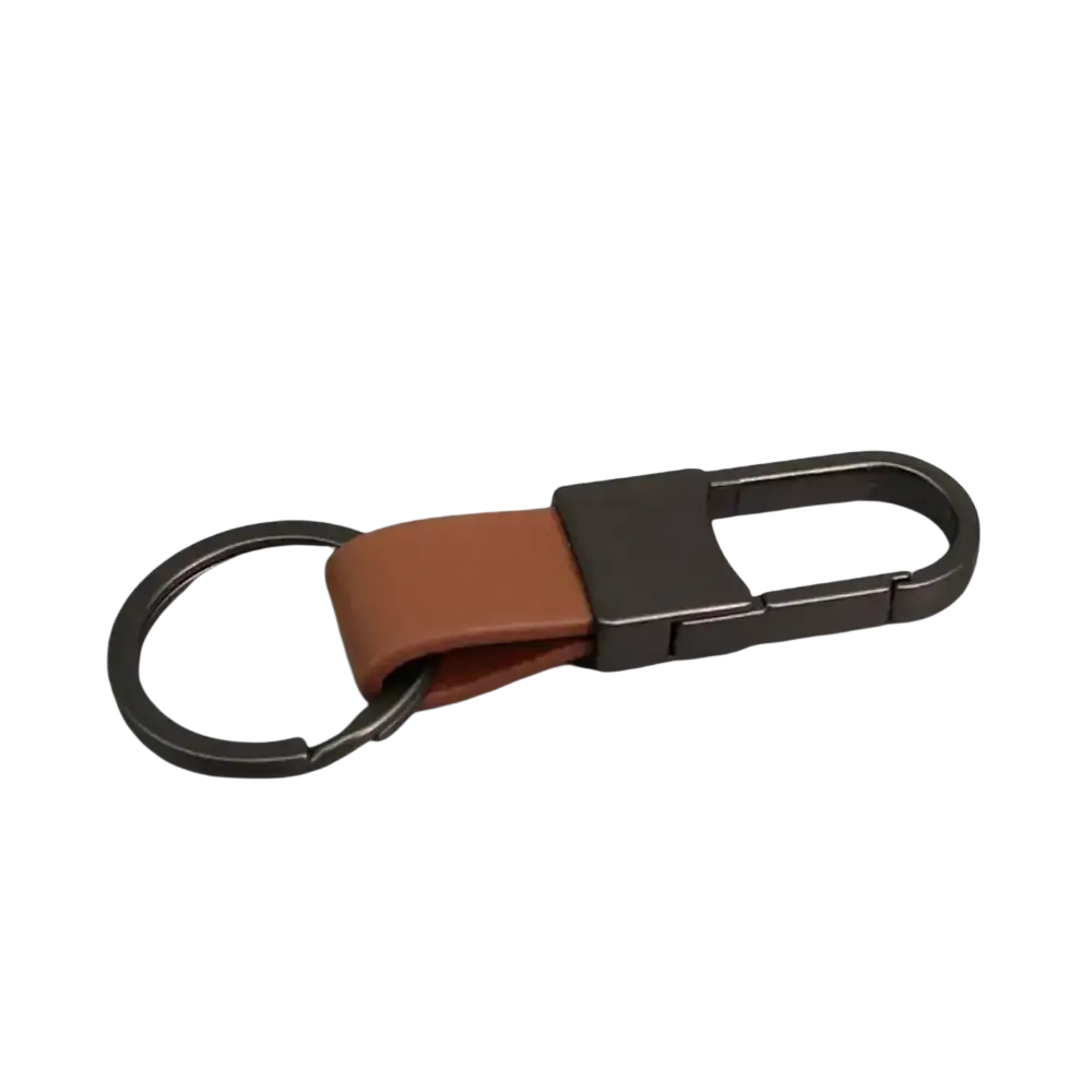 Brown leather keychain carabiner with dark metallic ring designed as an anti lost waist accessory